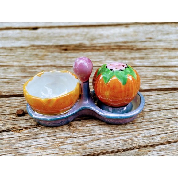 Vintage Salt Cellar  with pepper shaker Tray Pumpkin Lusterware - Picture 9 of 10